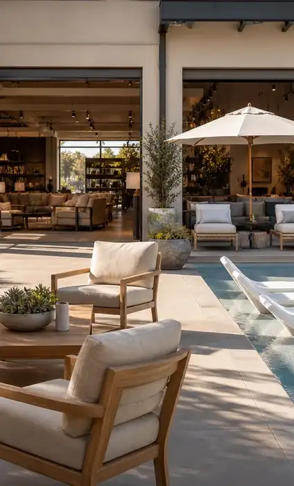Premium outdoor furniture arranged in a bright patio showroom